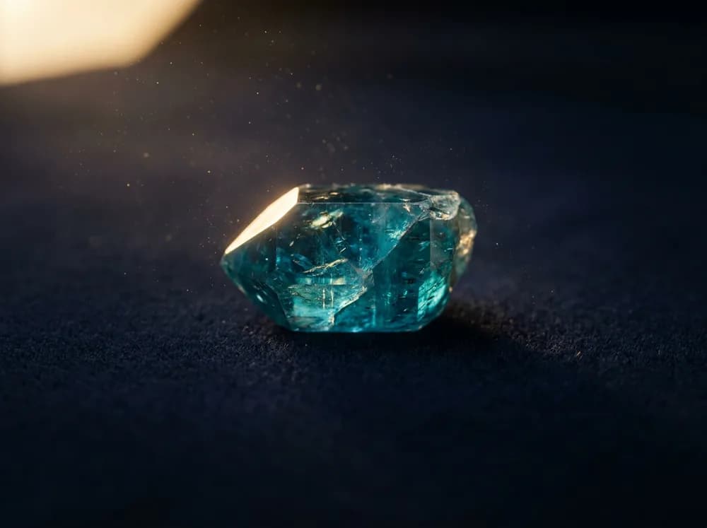 Uma apatita em um fundo azul-marinho meia-noite, iluminada com luz dourada quente