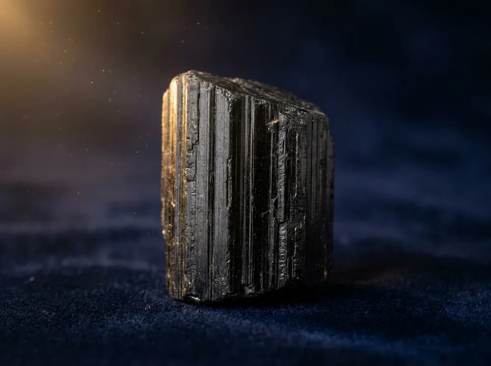 Um cristal de turmalina negra com sulcos verticais profundos iluminado por luz dourada sobre fundo azul-marinho meia-noite