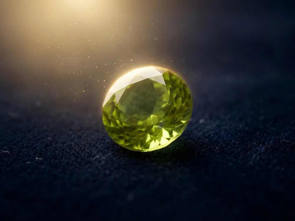Um peridoto sobre um fundo azul marinho meia-noite, iluminado com luz dourada quente